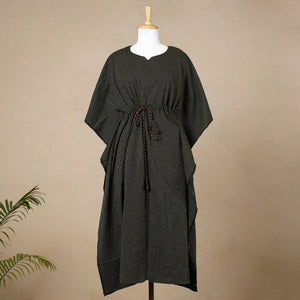 Black - Running Stitch Pure Cotton Kaftan with Tie-Up Waist (Medium)