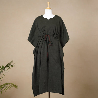 Black - Running Stitch Pure Cotton Kaftan with Tie-Up Waist (Medium)