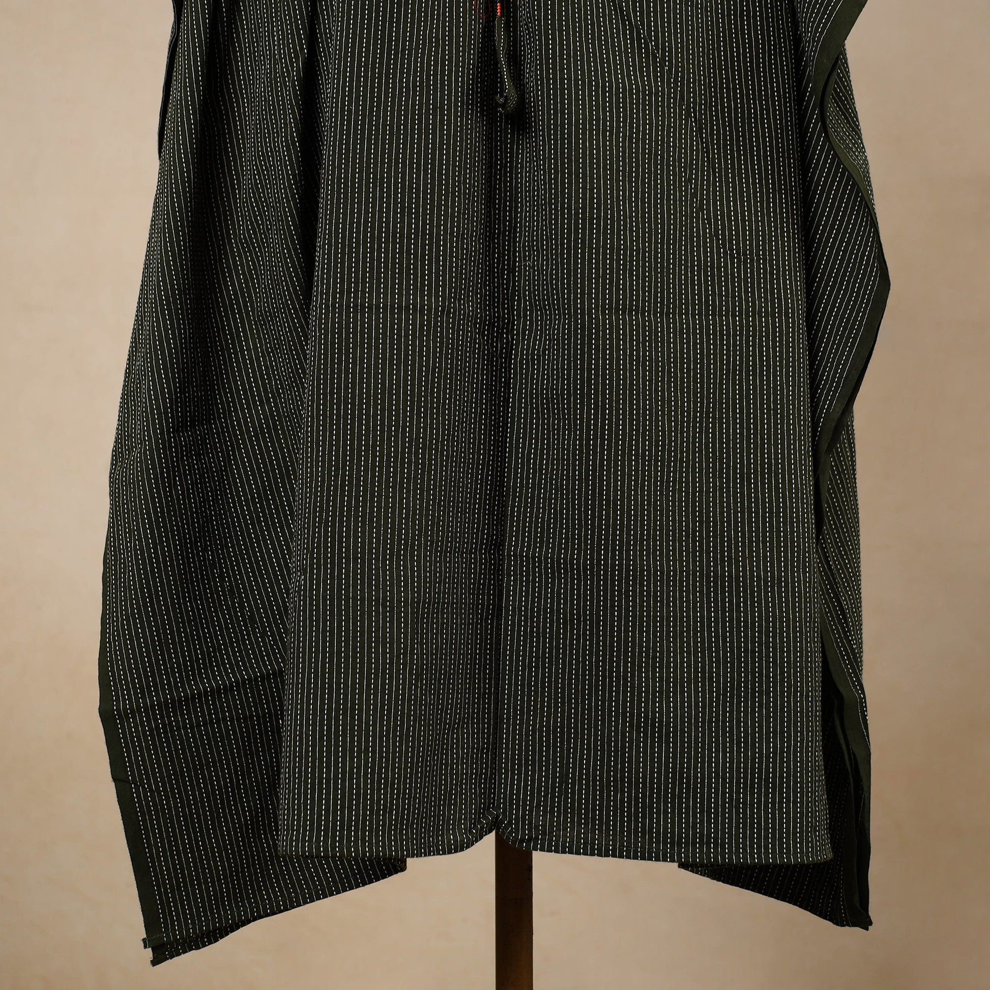 Black - Running Stitch Pure Cotton Kaftan with Tie-Up Waist (Medium)