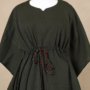 Black - Running Stitch Pure Cotton Kaftan with Tie-Up Waist (Medium)