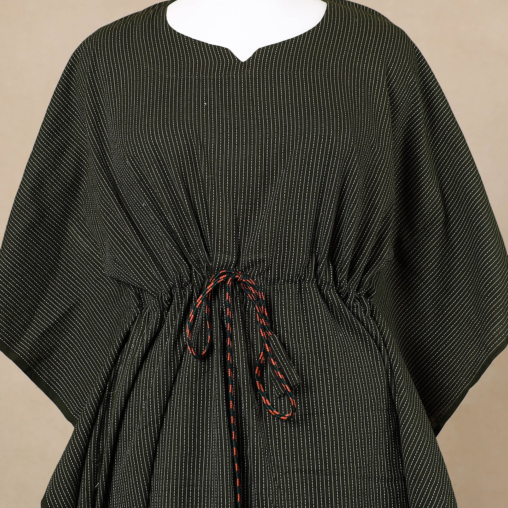 Black - Running Stitch Pure Cotton Kaftan with Tie-Up Waist (Medium)