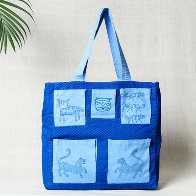 Blue - Hand Block Print Cotton Shoulder Bag