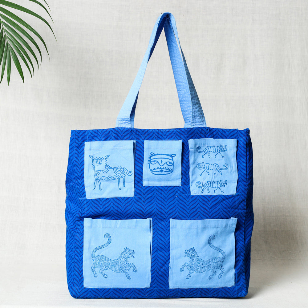 Blue - Hand Block Print Cotton Shoulder Bag