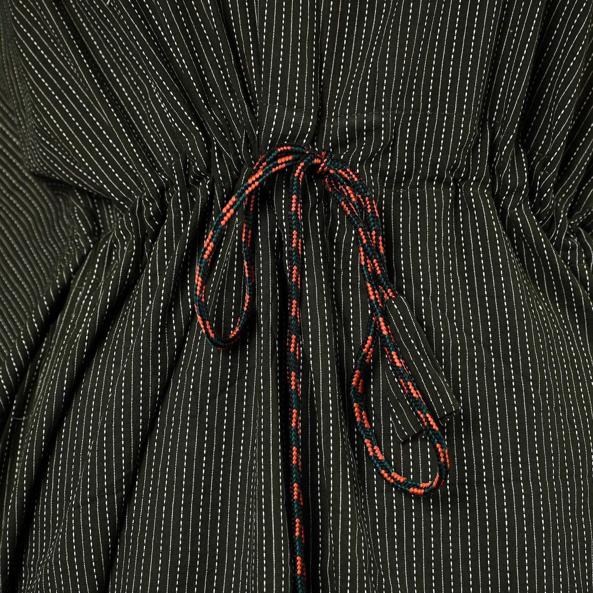 Black - Running Stitch Pure Cotton Kaftan with Tie-Up Waist (Medium)