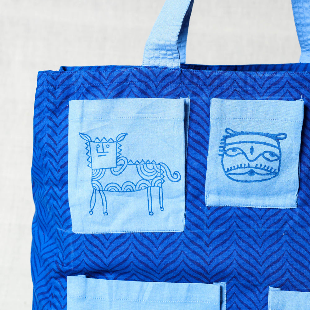 Blue - Hand Block Print Cotton Shoulder Bag