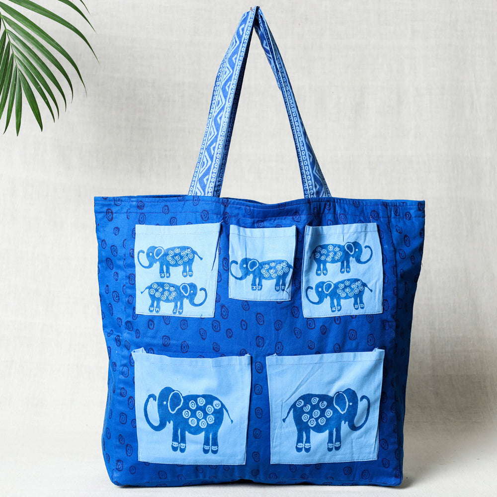 Blue - Hand Block Print Cotton Shoulder Bag