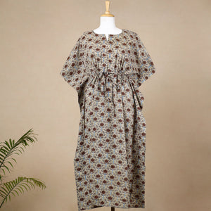 Beige - Hand Block Printed Cotton Kaftan with Tie-Up Waist (Long)