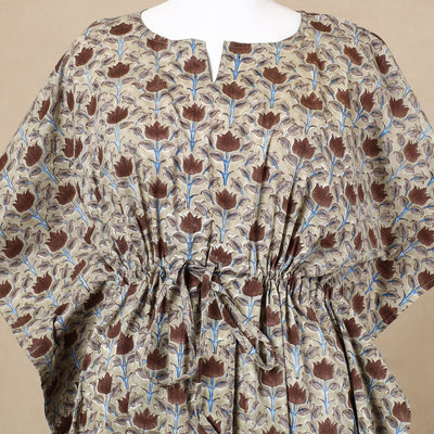 Beige - Hand Block Printed Cotton Kaftan with Tie-Up Waist (Long)