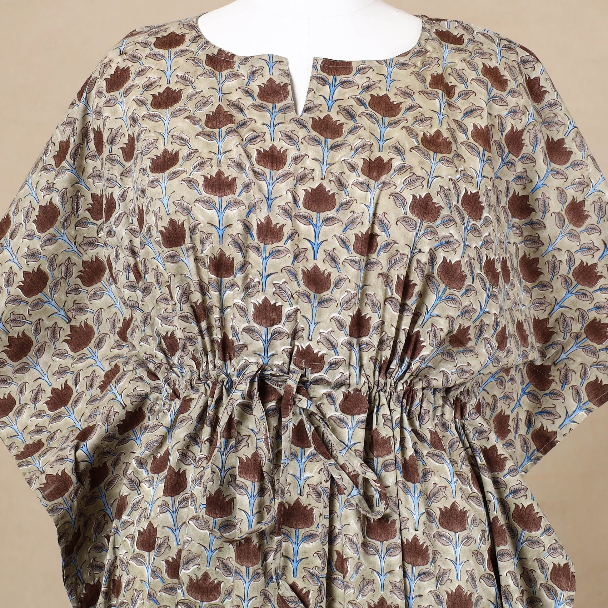 Beige - Hand Block Printed Cotton Kaftan with Tie-Up Waist (Long)