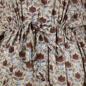 Beige - Hand Block Printed Cotton Kaftan with Tie-Up Waist (Long)