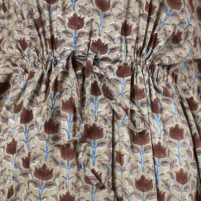 Beige - Hand Block Printed Cotton Kaftan with Tie-Up Waist (Long)