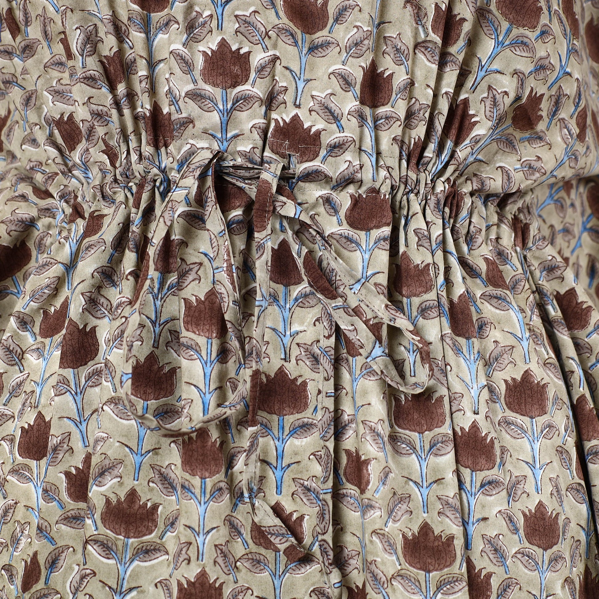 Beige - Hand Block Printed Cotton Kaftan with Tie-Up Waist (Long)