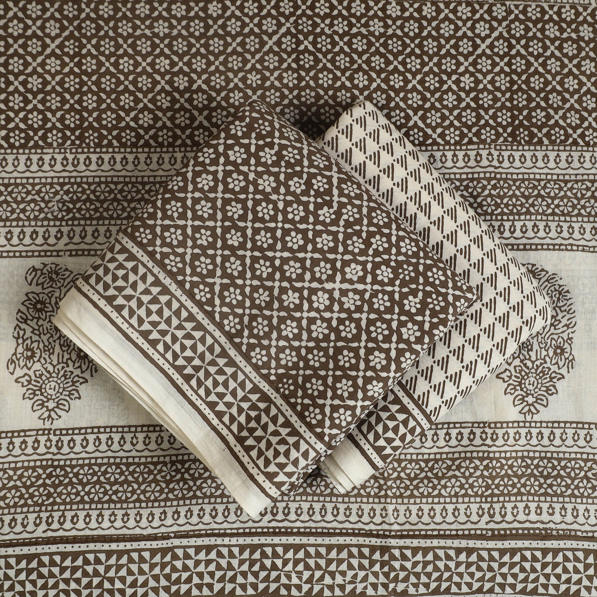 Brown - 3pc Cotton Bagh Print Suit Material Set 18