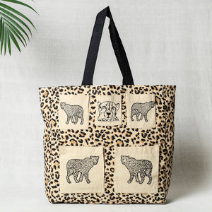 Beige - Hand Block Print Cotton Shoulder Bag