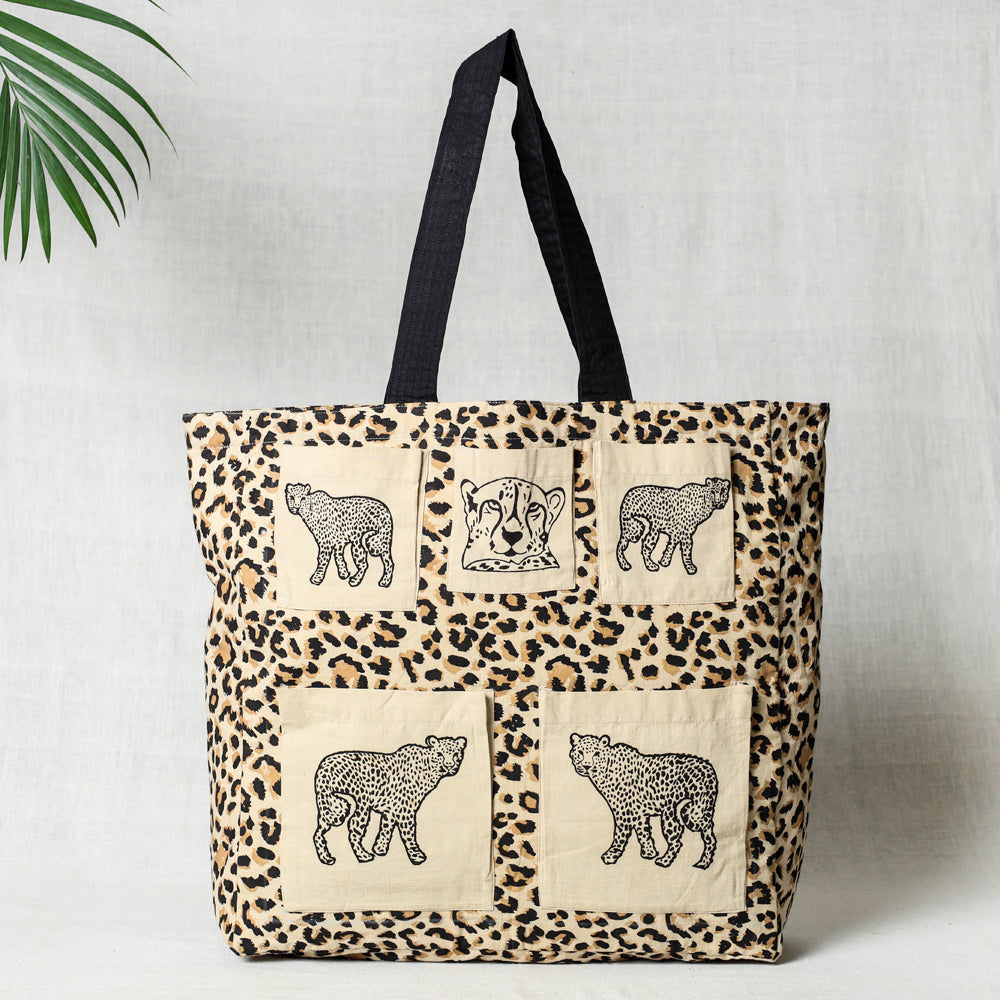 Beige - Hand Block Print Cotton Shoulder Bag