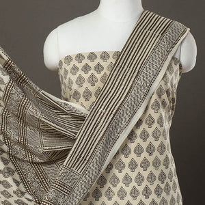 Beige - 3pc Cotton Bagh Print Suit Material Set 29