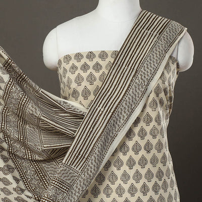 Beige - 3pc Cotton Bagh Print Suit Material Set 29