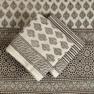 Beige - 3pc Cotton Bagh Print Suit Material Set 29