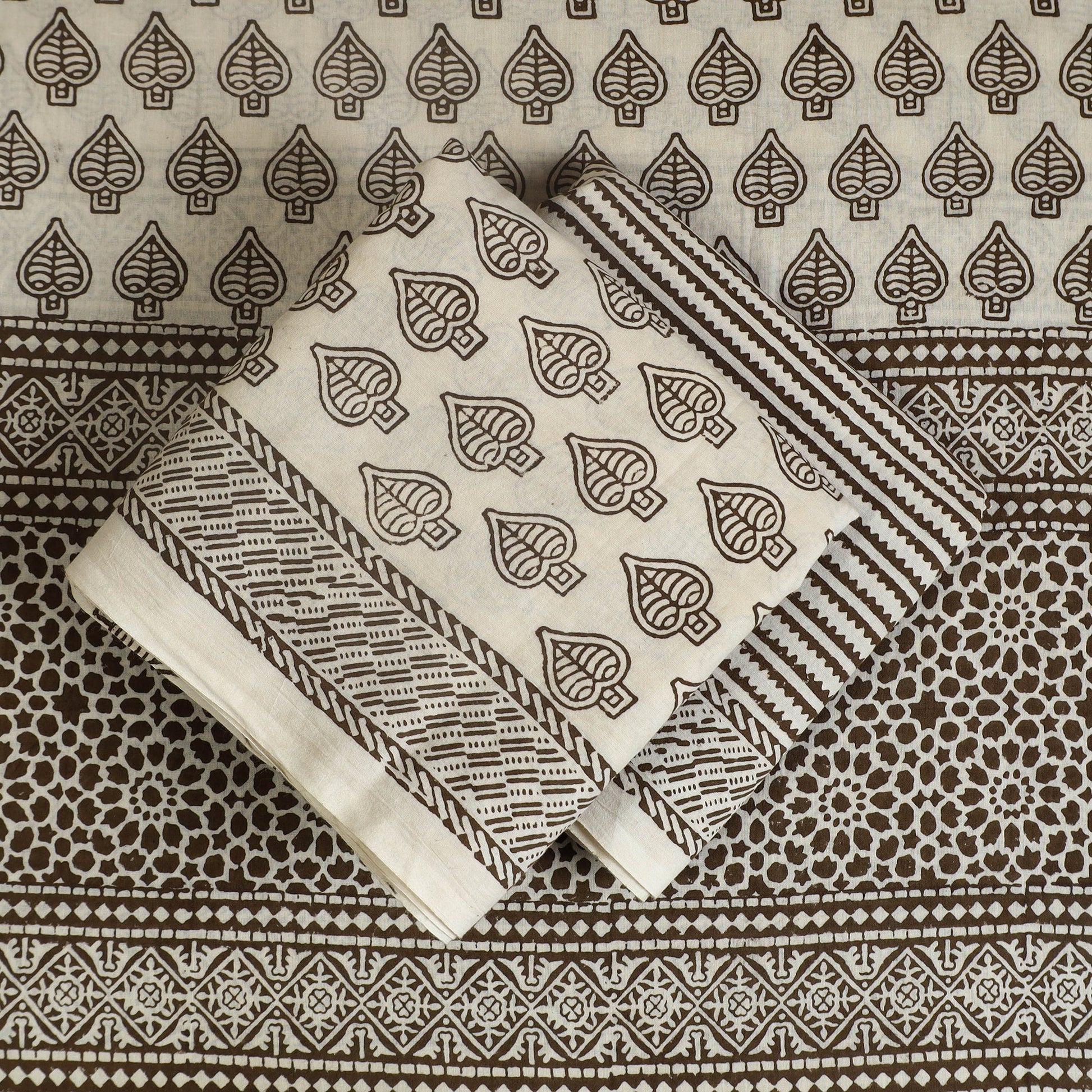 Beige - 3pc Cotton Bagh Print Suit Material Set 29