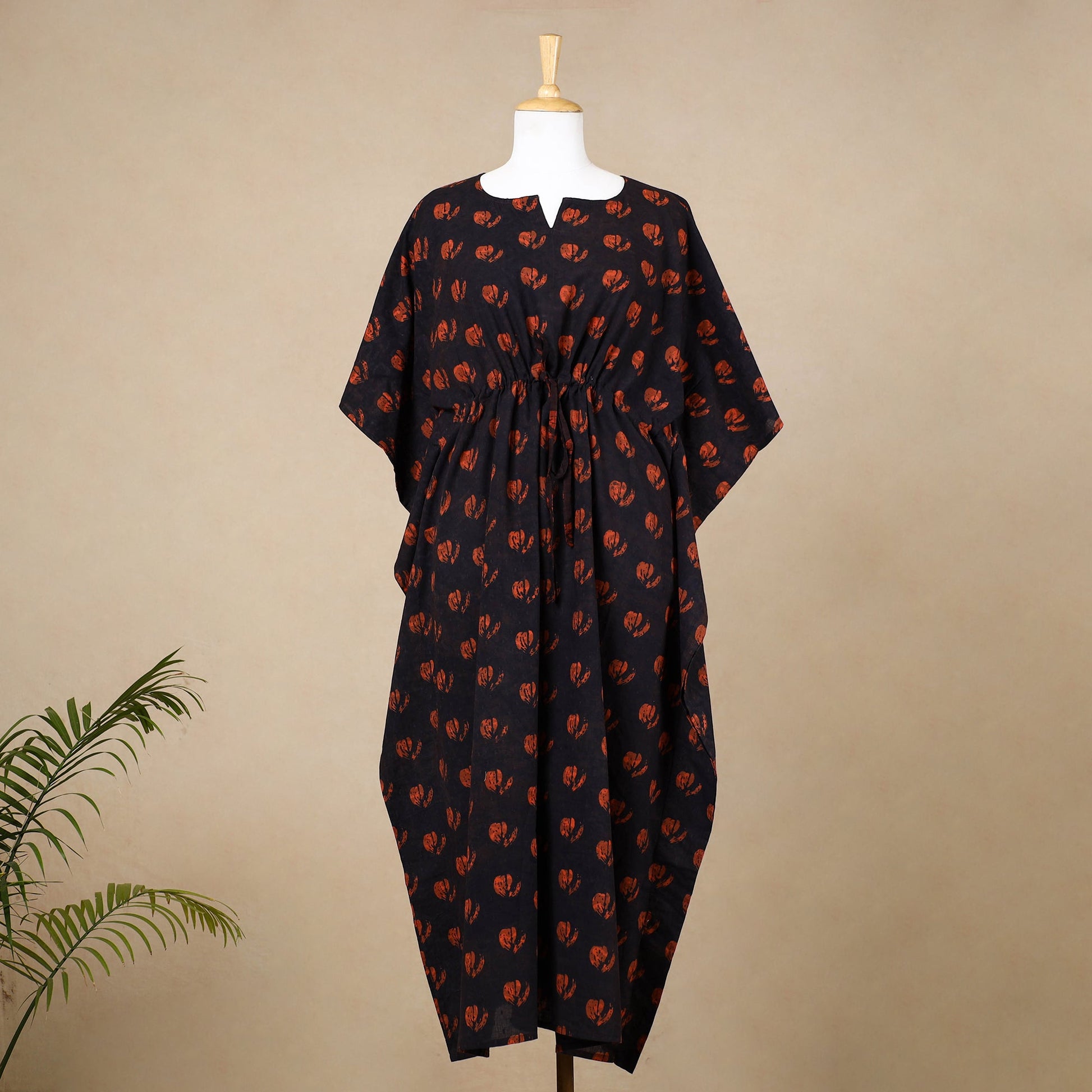 Black - Hand Block Printed Cotton Kaftan with Tie-Up Waist (Long)