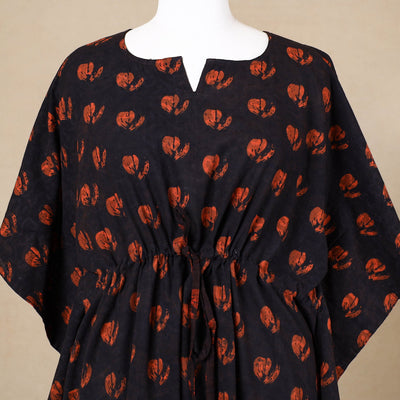 Black - Hand Block Printed Cotton Kaftan with Tie-Up Waist (Long)