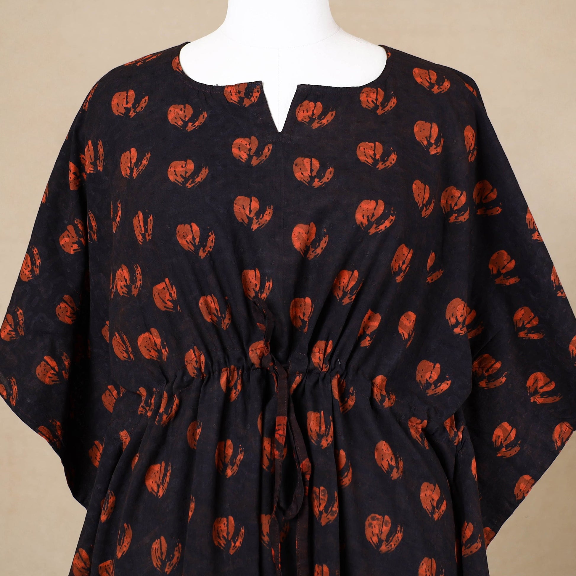 Black - Hand Block Printed Cotton Kaftan with Tie-Up Waist (Long)