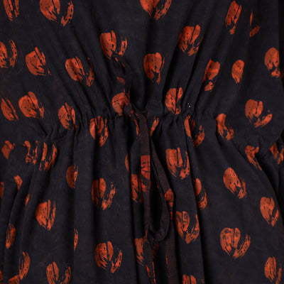 Black - Hand Block Printed Cotton Kaftan with Tie-Up Waist (Long)