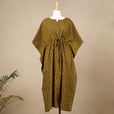 Brown - Hand Block Printed Cotton Kaftan with Tie-Up Waist (Long)