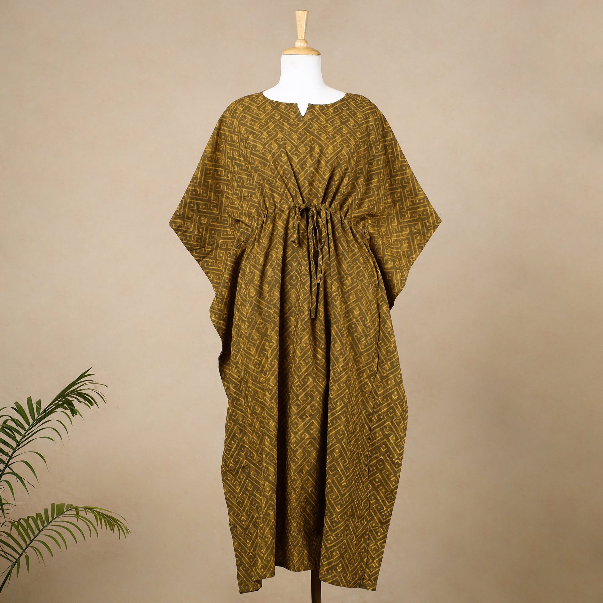 Brown - Hand Block Printed Cotton Kaftan with Tie-Up Waist (Long)