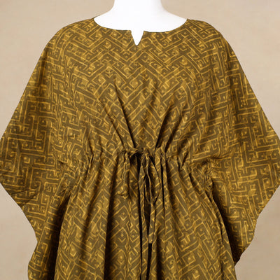 Brown - Hand Block Printed Cotton Kaftan with Tie-Up Waist (Long)