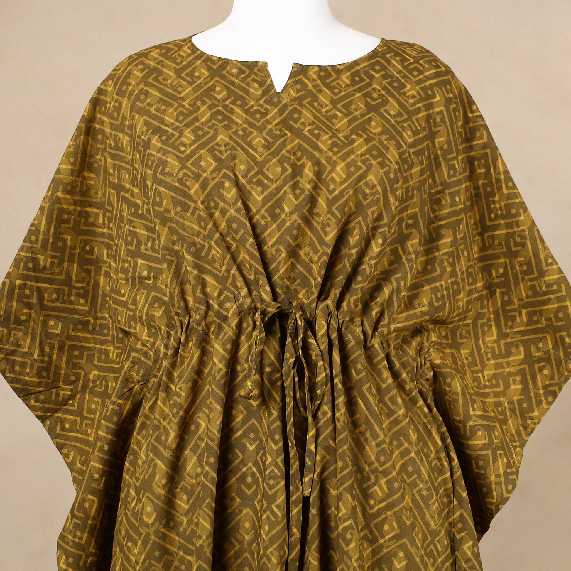 Brown - Hand Block Printed Cotton Kaftan with Tie-Up Waist (Long)