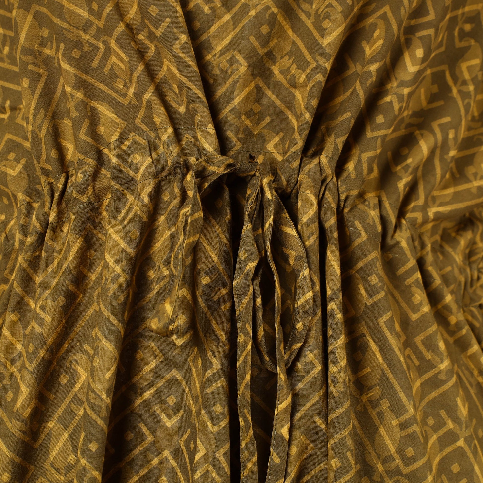 Brown - Hand Block Printed Cotton Kaftan with Tie-Up Waist (Long)