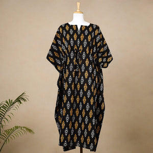 Black - Hand Block Printed Cotton Kaftan with Tie-Up Waist (Long)