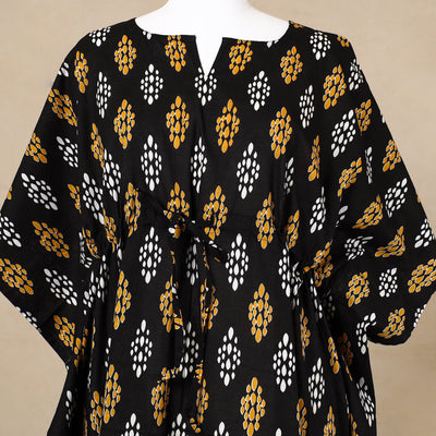 Black - Hand Block Printed Cotton Kaftan with Tie-Up Waist (Long)