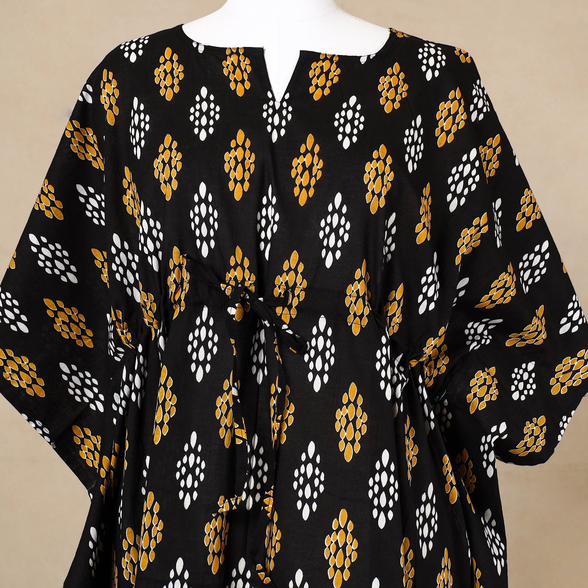Black - Hand Block Printed Cotton Kaftan with Tie-Up Waist (Long)