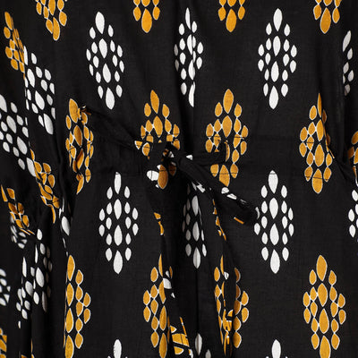 Black - Hand Block Printed Cotton Kaftan with Tie-Up Waist (Long)