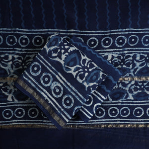 Blue - 3pc Chanderi Silk Indigo Bagru Print Dress Material 05