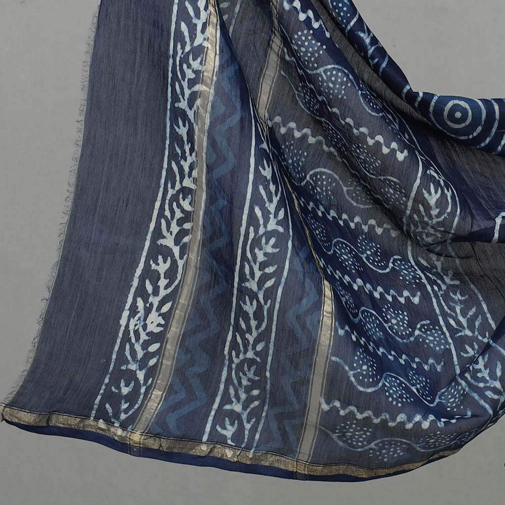Blue - 3pc Chanderi Silk Indigo Bagru Print Dress Material 07