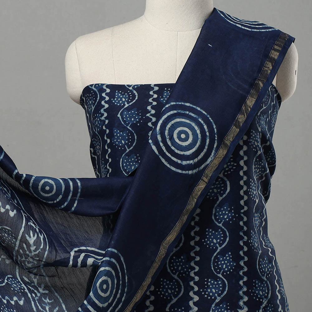 Blue - 3pc Chanderi Silk Indigo Bagru Print Dress Material 07