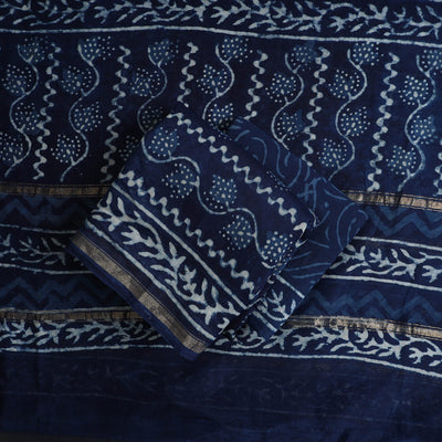 Blue - 3pc Chanderi Silk Indigo Bagru Print Dress Material 07