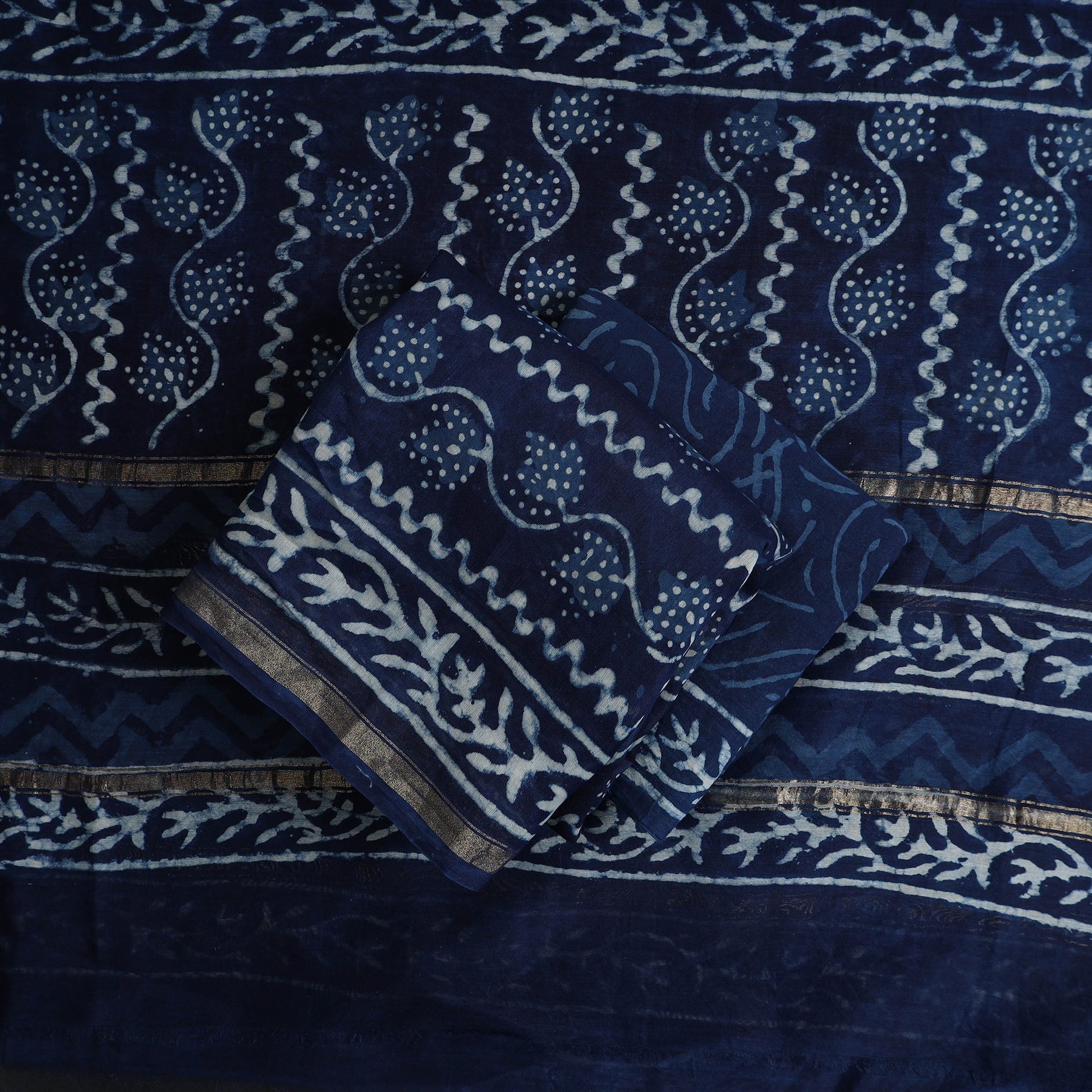 Blue - 3pc Chanderi Silk Indigo Bagru Print Dress Material 07
