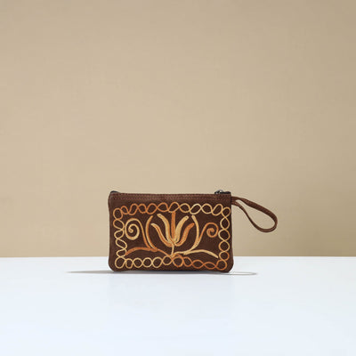 Brown - Kashmiri Crewel Hand Embroidery Velvet Coin Purse 01