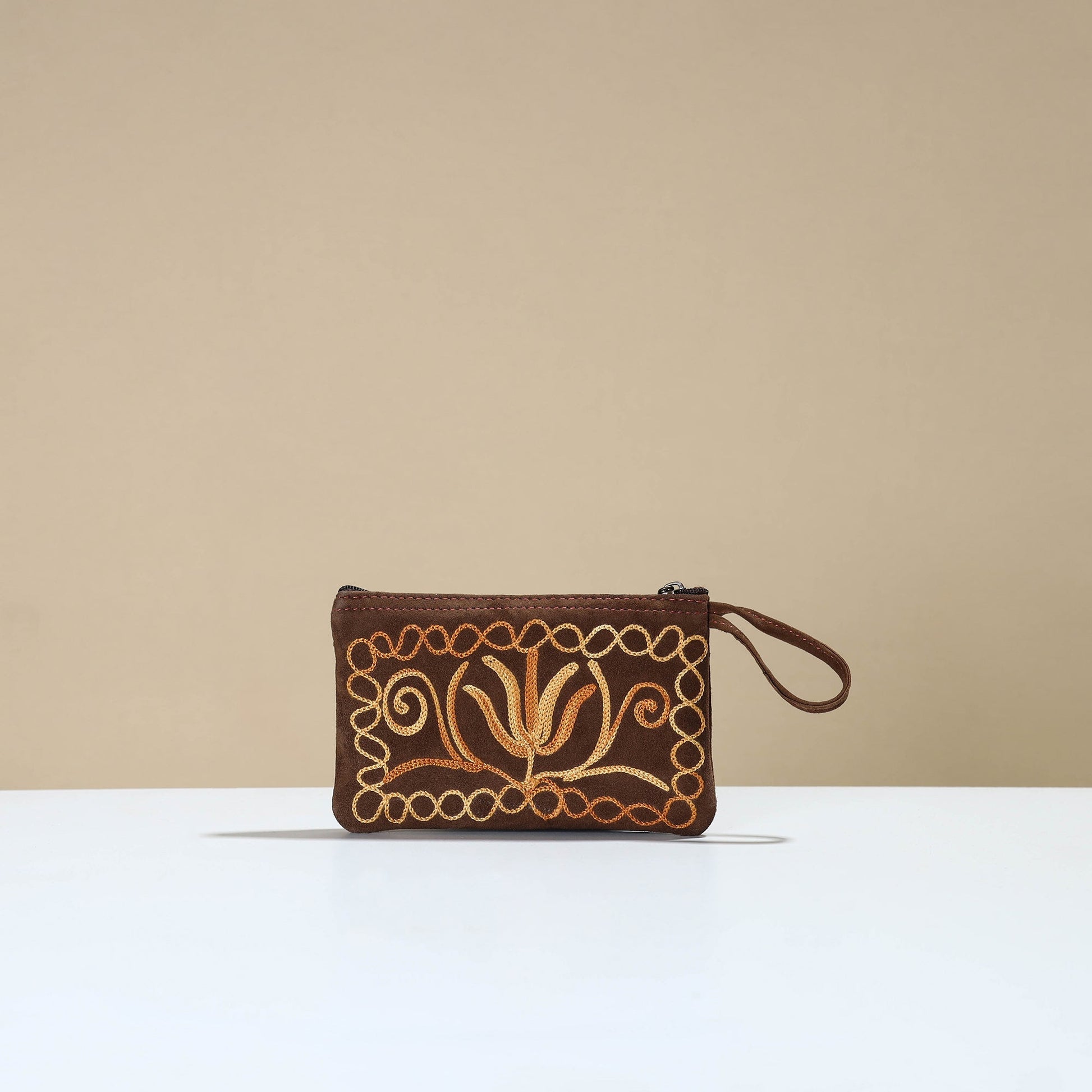 Brown - Kashmiri Crewel Hand Embroidery Velvet Coin Purse 01