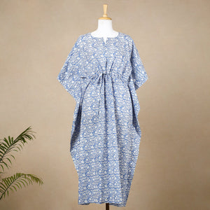 Blue - Hand Block Printed Cotton Kaftan with Tie-Up Waist (Long)