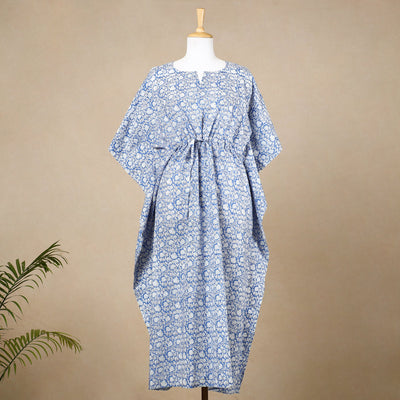 Blue - Hand Block Printed Cotton Kaftan with Tie-Up Waist (Long)