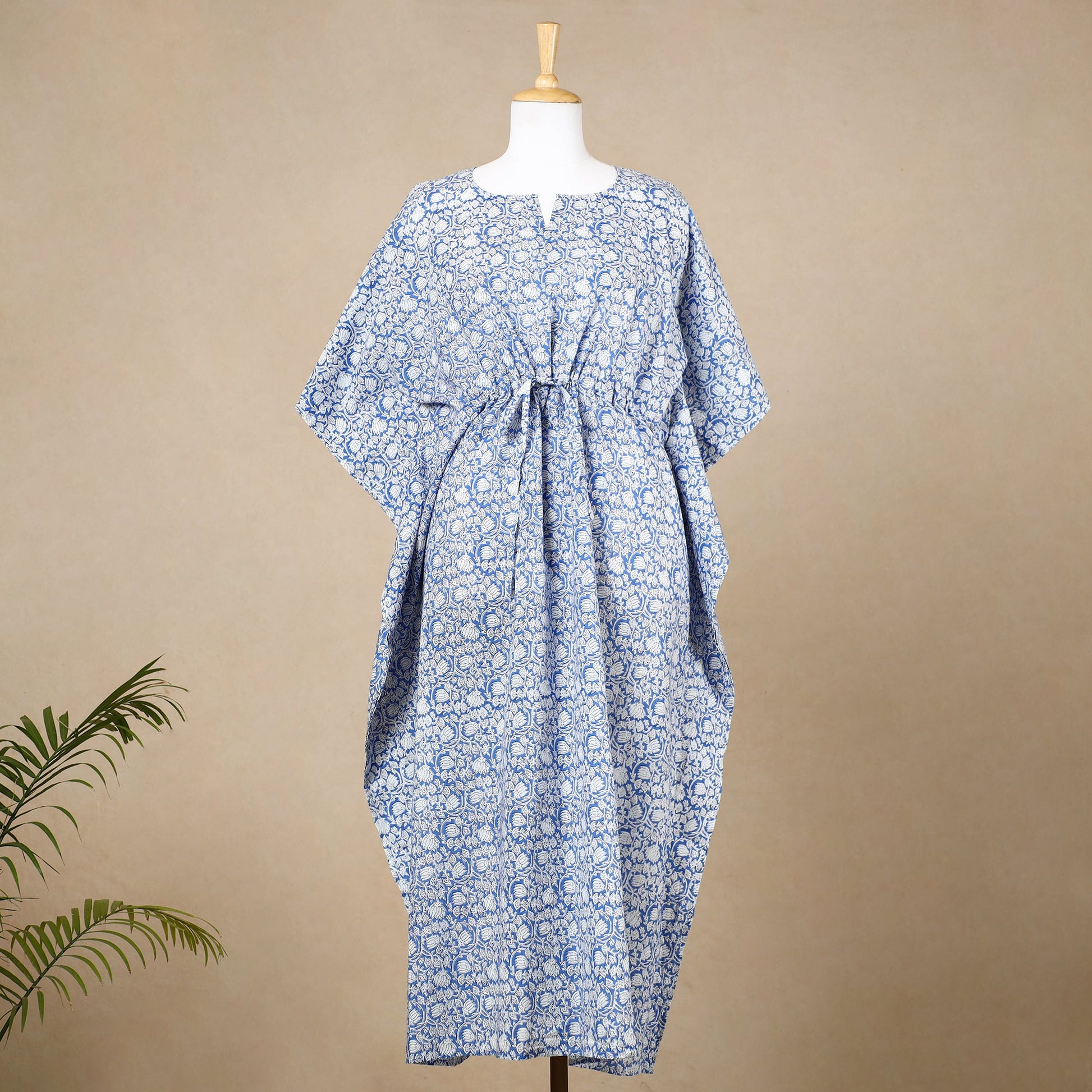 Blue - Hand Block Printed Cotton Kaftan with Tie-Up Waist (Long)