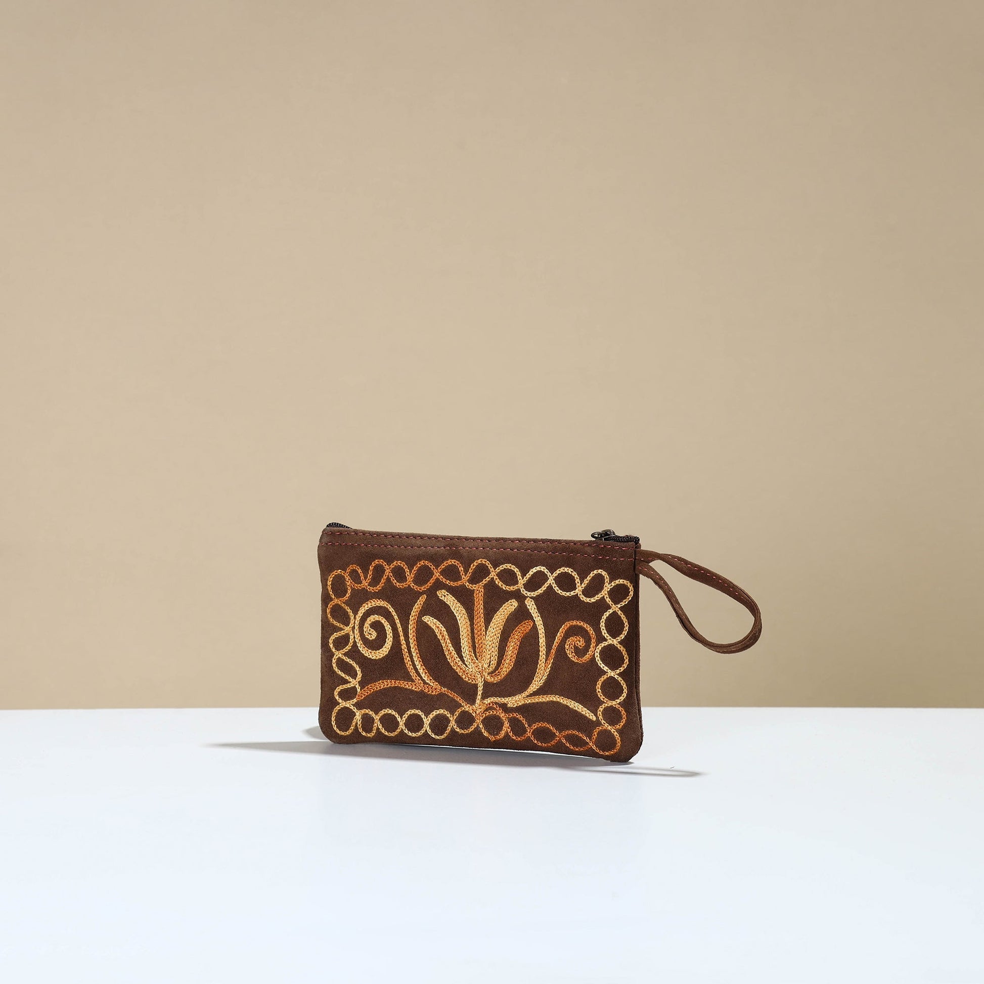 Brown - Kashmiri Crewel Hand Embroidery Velvet Coin Purse 01