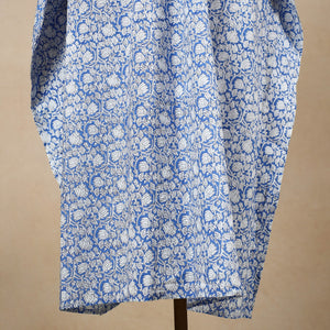 Blue - Hand Block Printed Cotton Kaftan with Tie-Up Waist (Long)