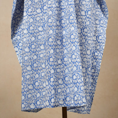 Blue - Hand Block Printed Cotton Kaftan with Tie-Up Waist (Long)