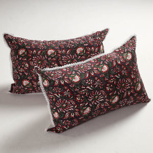 Brown - Sanganeri Block Printed Cotton Pillow Cover with Lace (28 x 18 in) - Set of 2